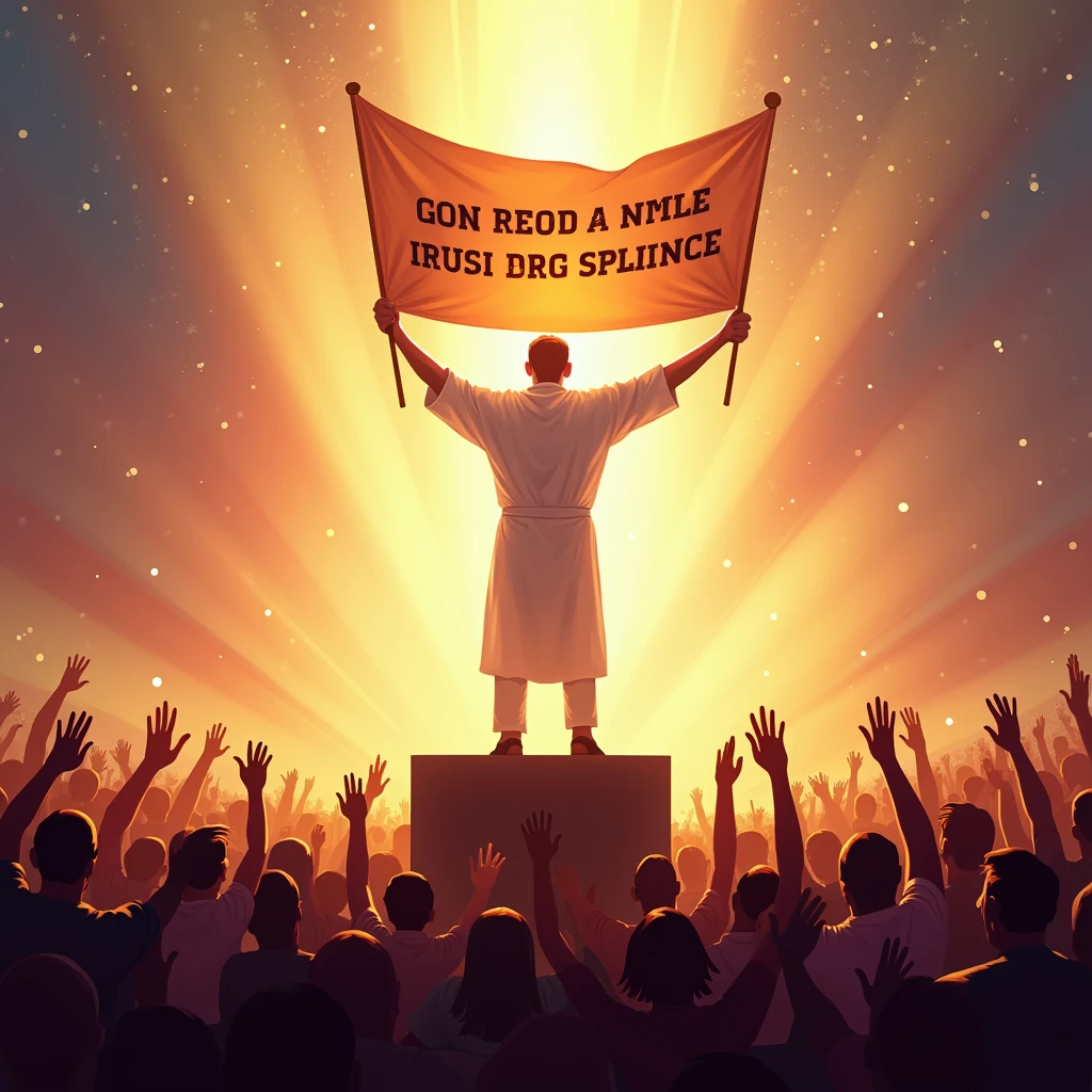 A person standing on a podium, surrounded by a cheering crowd. The person raises their arms in triumph, holding a banner that proclaims the good news of God's grace. The scene is filled with light and joy, symbolizing the victory of faith over doubt