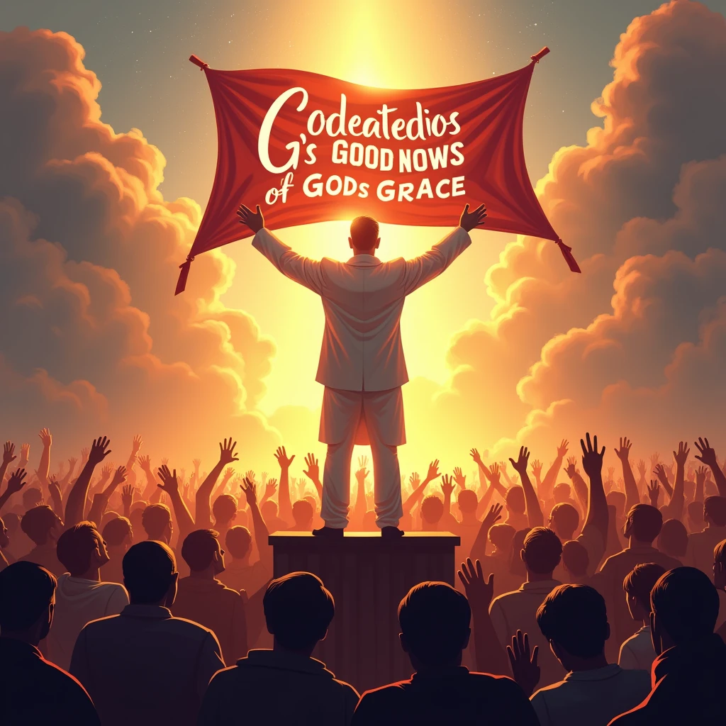 A person standing on a podium, surrounded by a cheering crowd. The person raises their arms in triumph, holding a banner that proclaims the good news of God's grace. The scene is filled with light and joy, symbolizing the victory of faith over doubt