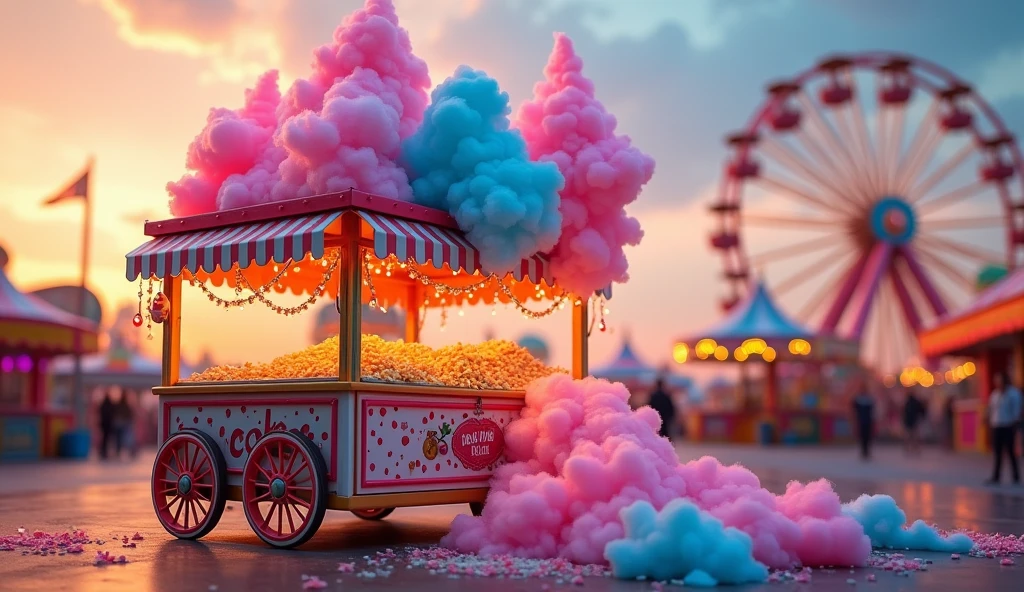 A whimsical photo of a colorful, carnival-themed cart decorated with playful patterns and lights. The cart is piled high with fluffy cotton candy in various shades of pink and blue, along with large bags of golden popcorn. The scene is set at sunset, with a Ferris wheel visible in the blurred background, creating a festive atmosphere.