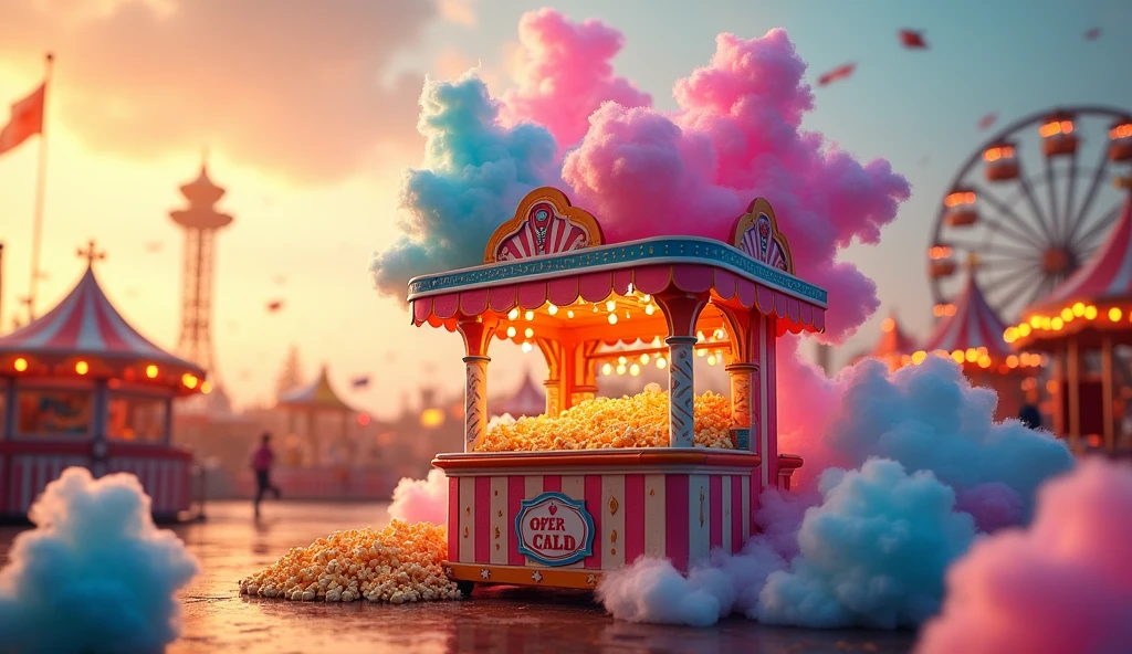 A whimsical photo of a colorful, carnival-themed cart decorated with playful patterns and lights. The cart is piled high with fluffy cotton candy in various shades of pink and blue, along with large bags of golden popcorn. The scene is set at sunset, with a Ferris wheel visible in the blurred background, creating a festive atmosphere.