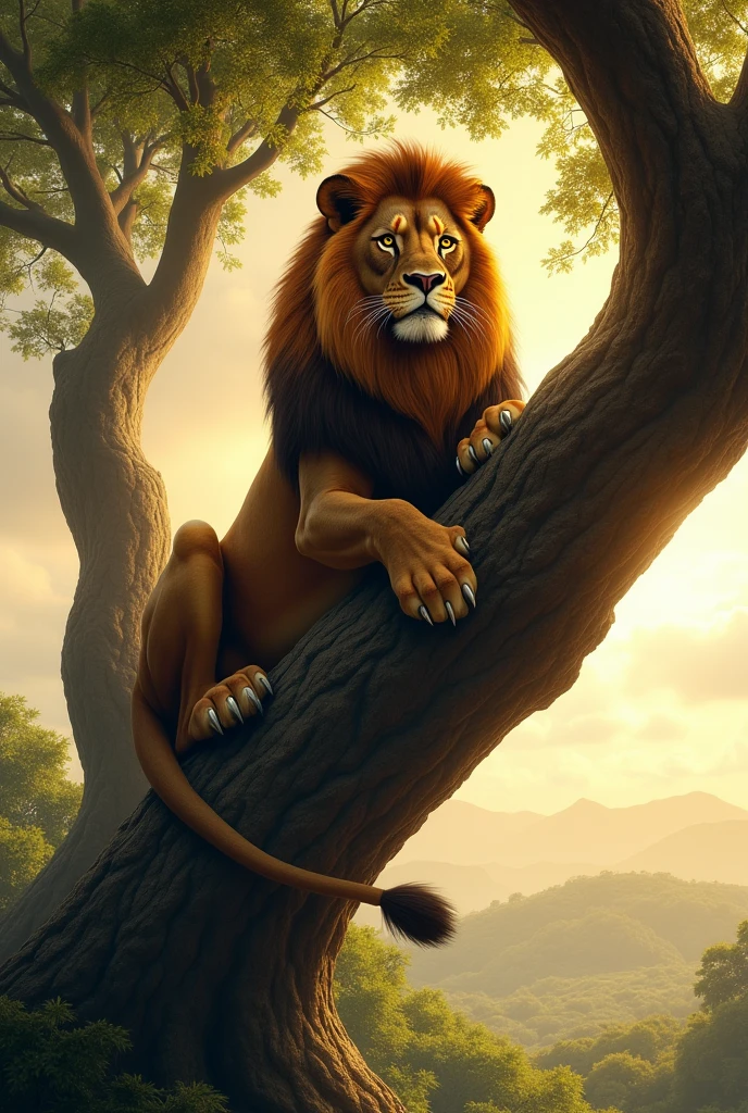 A lion sitting on the tree