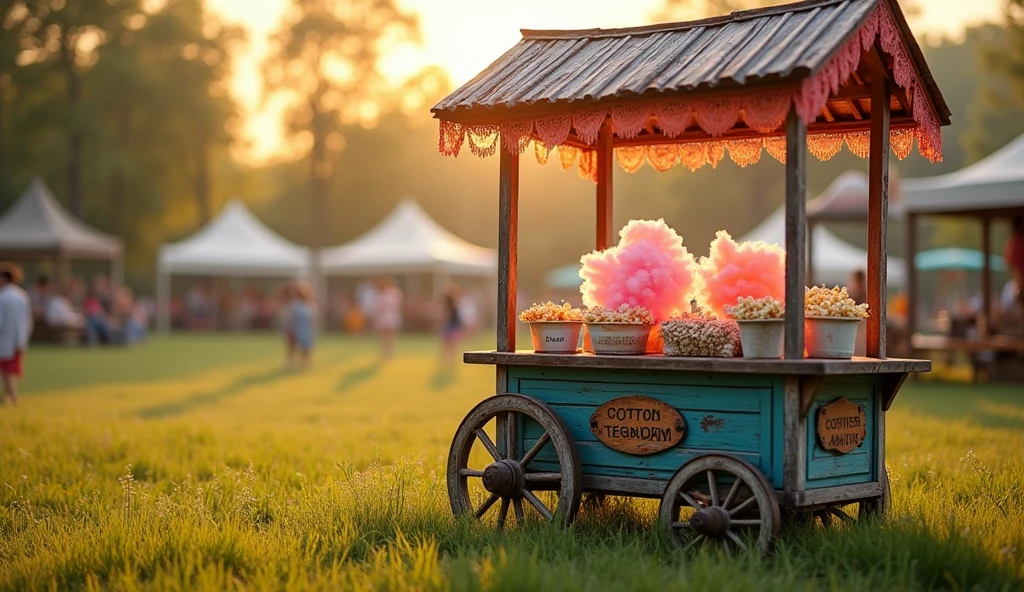 A rustic photo of a handmade wooden cart with a canopy, filled with cotton candy and popcorn. The cart has a charming, worn look, with peeling paint and vintage signage. It is set on a grassy field during a country fair, with soft golden light from the late afternoon sun enhancing the cozy, nostalgic feel.