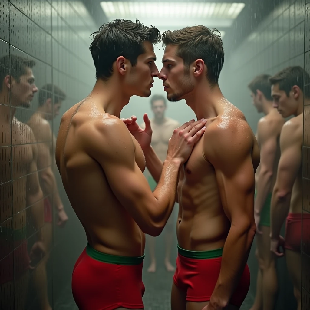 2 young men who satisfy each other with their right hand, they wear tight red with green waistband swimming trunks and in the shower with other men and boys
