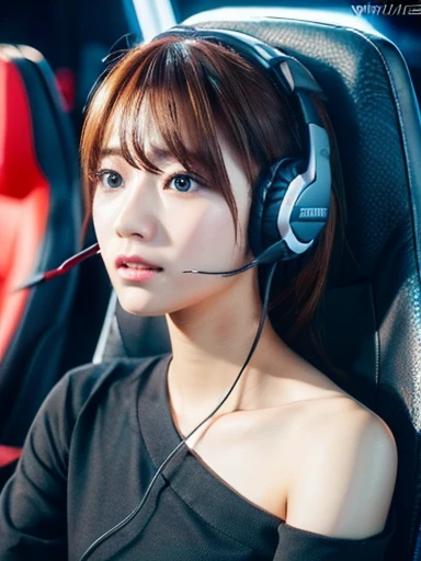 (8k, RAW photo:1.2), detailed face and eyes, high quality, high resolution, very detailed, internet cafe, wearing headset gaming, gaming outfit, sit in the gaming chair, single bare shoulder