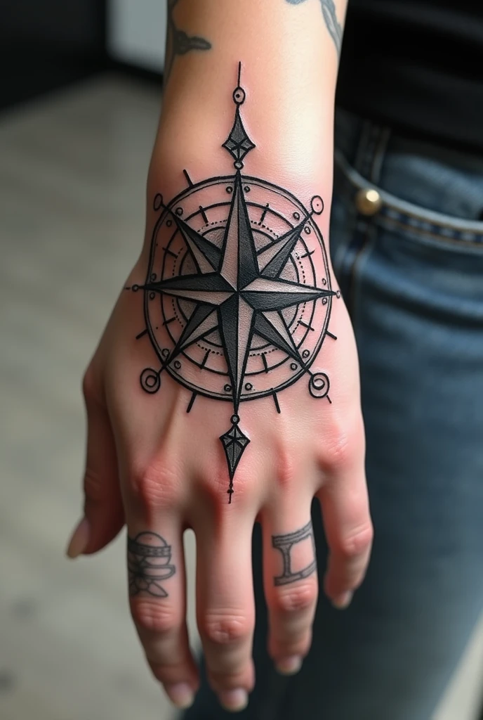 Compass-shaped hand tattoo Prettier That covers the entire hand That covers more of the hand