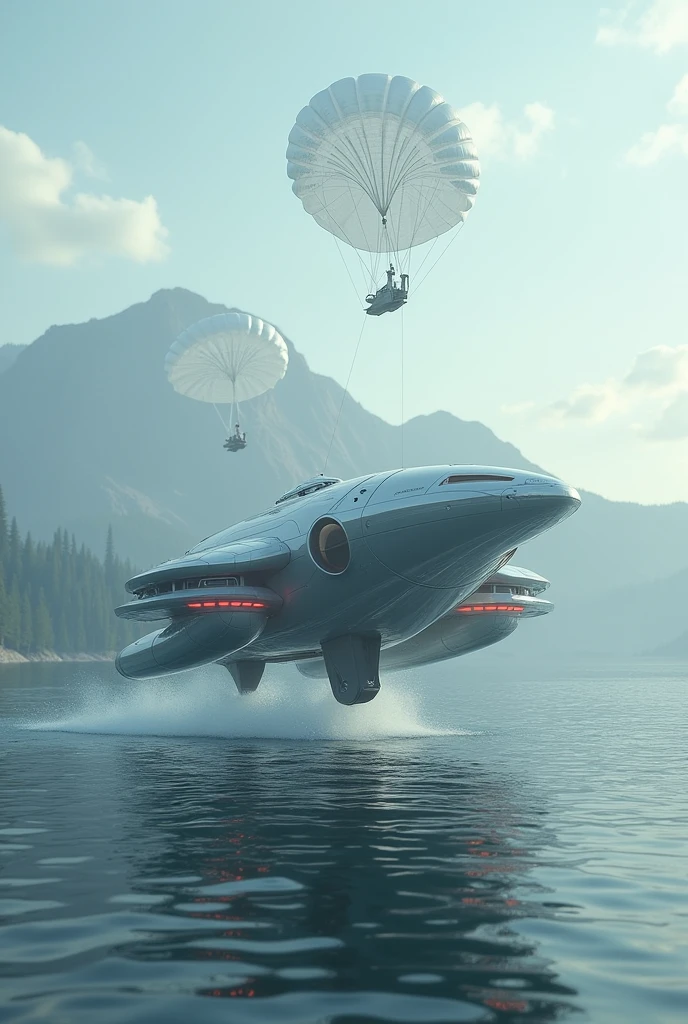He SHIP Landed in water and two Floaties inflate and The ship parachute fall down