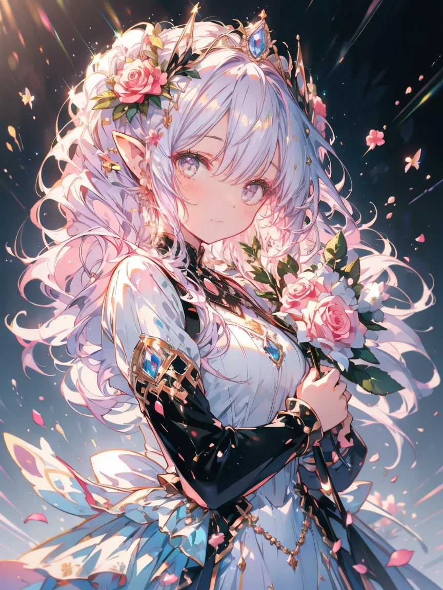 (((Stickers, Background white))),((superwide shot,Ultra-wide field of view,whole body)),,Highest quality, Very detailed, beautiful, Exquisite, 16K, Full HD, Absurd,White Background,((Upper Body,Half-body photo)),((smile,Happy:1.5)),((Sparkling fluffy layered ball gown)), (Grab the hem of your dress and bow slightly.),Lots of flowers,((Surrounded by roses)),ruffles and rhinestones, ( Tabletop, Art Station, Fantasy art:1.2), 優雅なsmileで佇む，pastel colour、White skin,Gradient Hair, Pink Hair, Hair blowing in the wind, Wavy Hair,Fluffy hair,tiara,Lavender eyes, Long eyelashes, beautiful eyes、Light pink cheeks,Pointed Ears, Bright Eyes,Dazzling Light, Warm lighting,