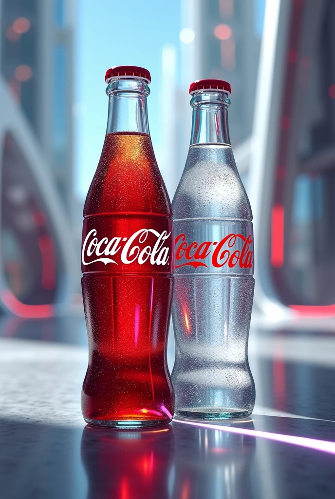 Coca-Cola advertisement where with a futuristic look, containing the brand signature with the characteristic colors. The image should contain two bottles of coke, one with soda and one with water.
