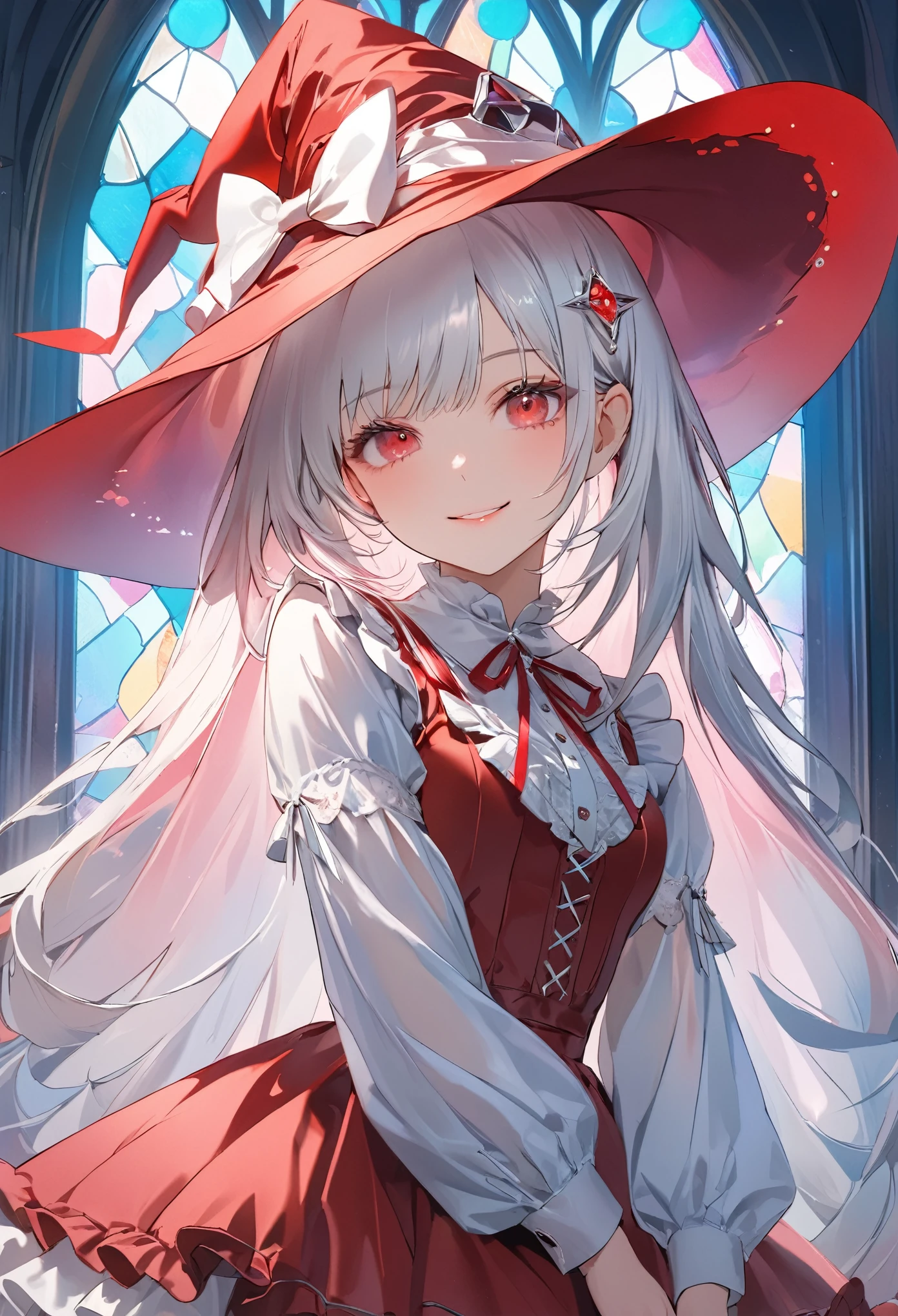 (transparent blue theme art),(top-quality),(masterpiece),(cowboy shot:1.5),((arms behind side)),Silky to the touch,Hyper Detail,(1 girl),(solo),Delicately drawn face,girl with a pretty face,beautiful detailed transparent red eyes,beautiful detailed red witch hat with white ribbon ornament,beautiful detailed pastel red ta witch fashions with ruffles,((pastel skirt with ruffles)),((Long sleeve white and red costume)),(Beautiful silky white hair:1.3),pale skin,a beautiful transparent illustration,pastel blue theme,beautiful smile,frontal face,soft gradient,((standing in front of pastel glass art wall)),(((stained glass is colorful pastel)))