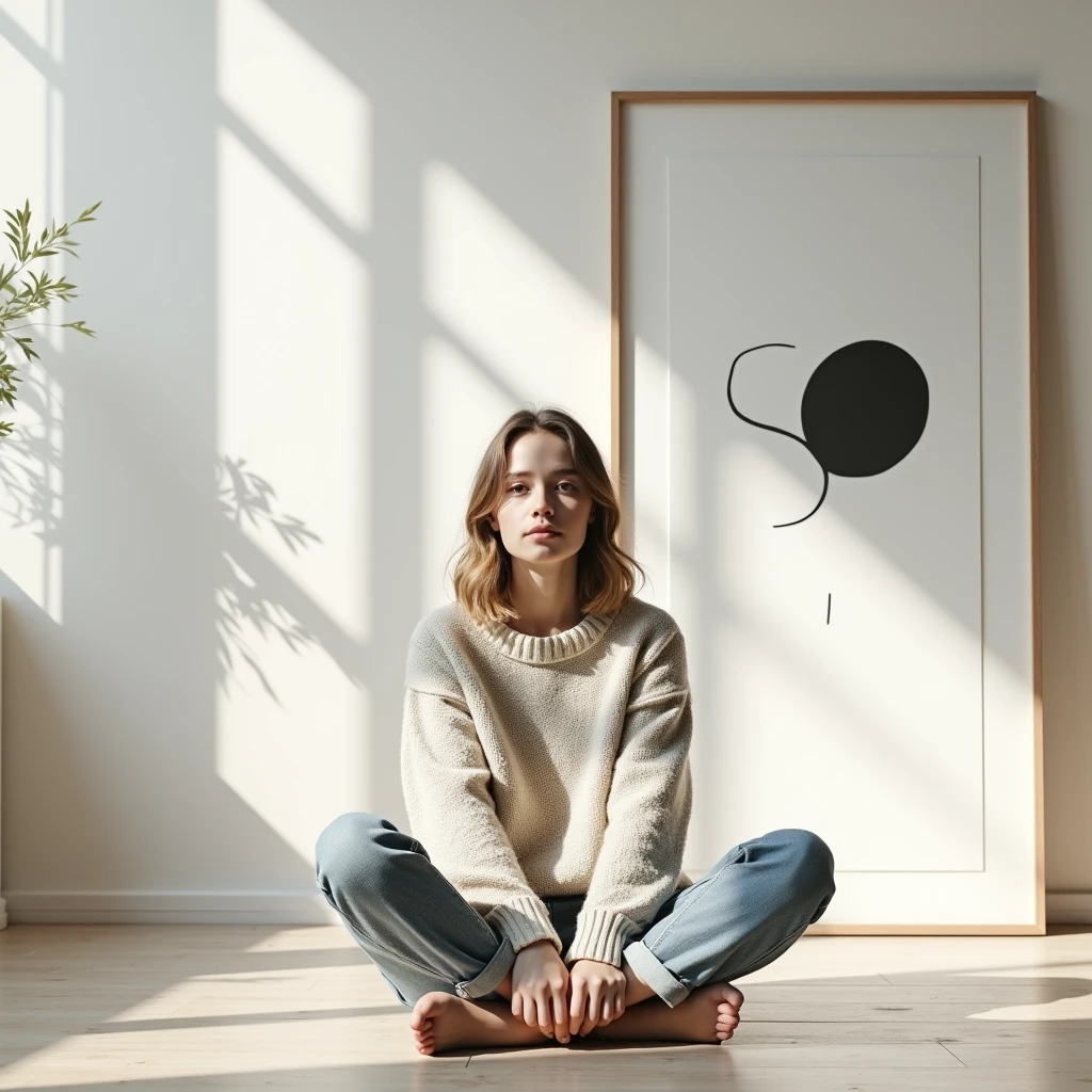 Generate an image of a minimalist Scandinavian-style interior with a large vertical framed poster in the background. In the foreground, a young woman with shoulder-length hair and a neutral expression sits cross-legged on the floor, wearing a cozy sweater and jeans. The frame has an abstract black-and-white art design. Natural sunlight streams in from the side, casting soft shadows on the wall. The atmosphere is calm, modern, and clean