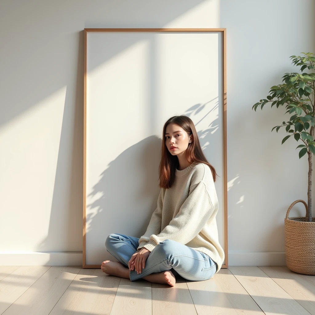 Generate an image of a minimalist Scandinavian-style interior with a large vertical framed poster in the background. In the foreground, a young woman with shoulder-length hair and a neutral expression sits cross-legged on the floor, wearing a cozy sweater and jeans. The frame has an abstract black-and-white art design. Natural sunlight streams in from the side, casting soft shadows on the wall. The atmosphere is calm, modern, and clean