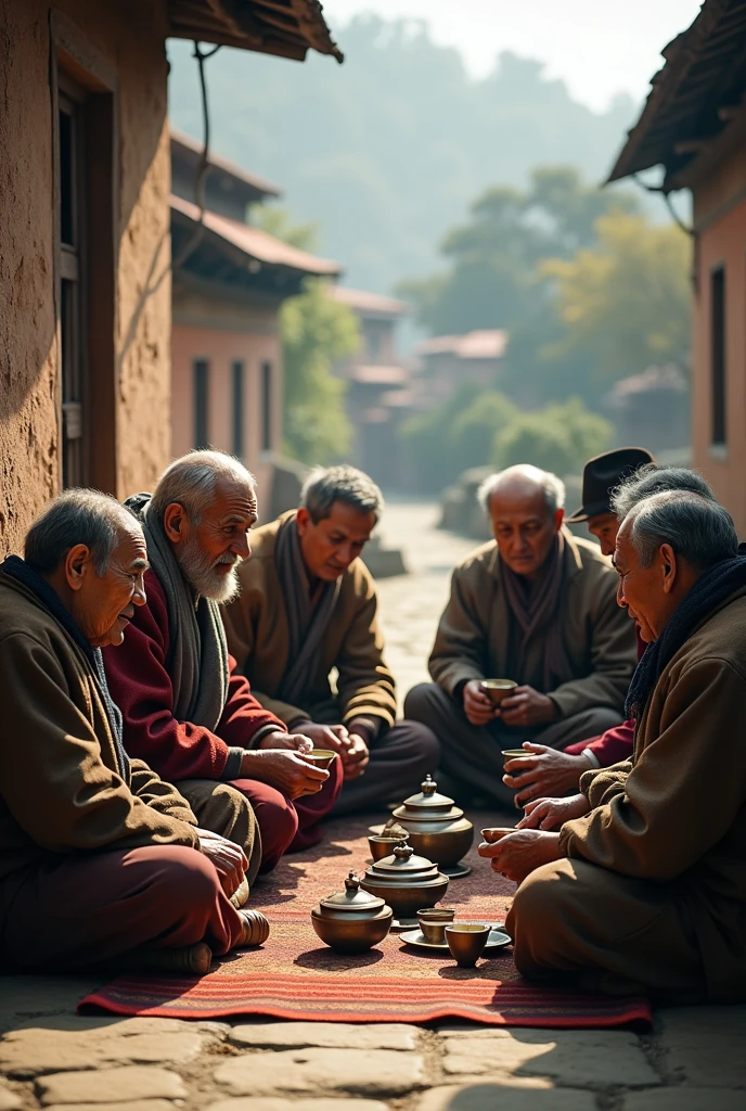 A group of old nepalese village people drinking tea in ancient landscape Kathmandu city