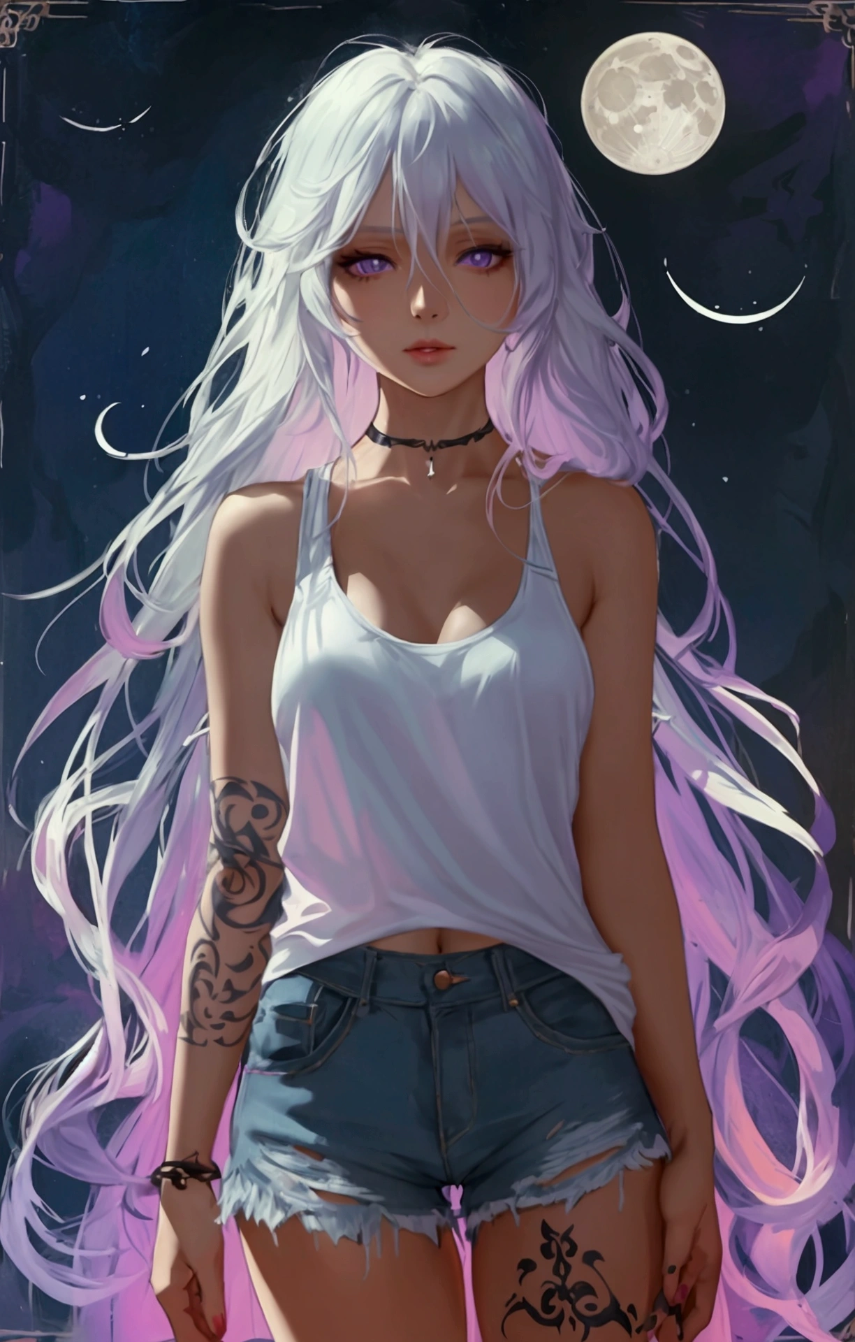 A twenty-sonething Norwegian woman, pale skin, chest-length silky raven hair, blue-purple eyes, full lips, an hourglass body, and a forearm tattoo of a full moon with two crescent moon on either sides. Wearing a white tank top and denim shorts.