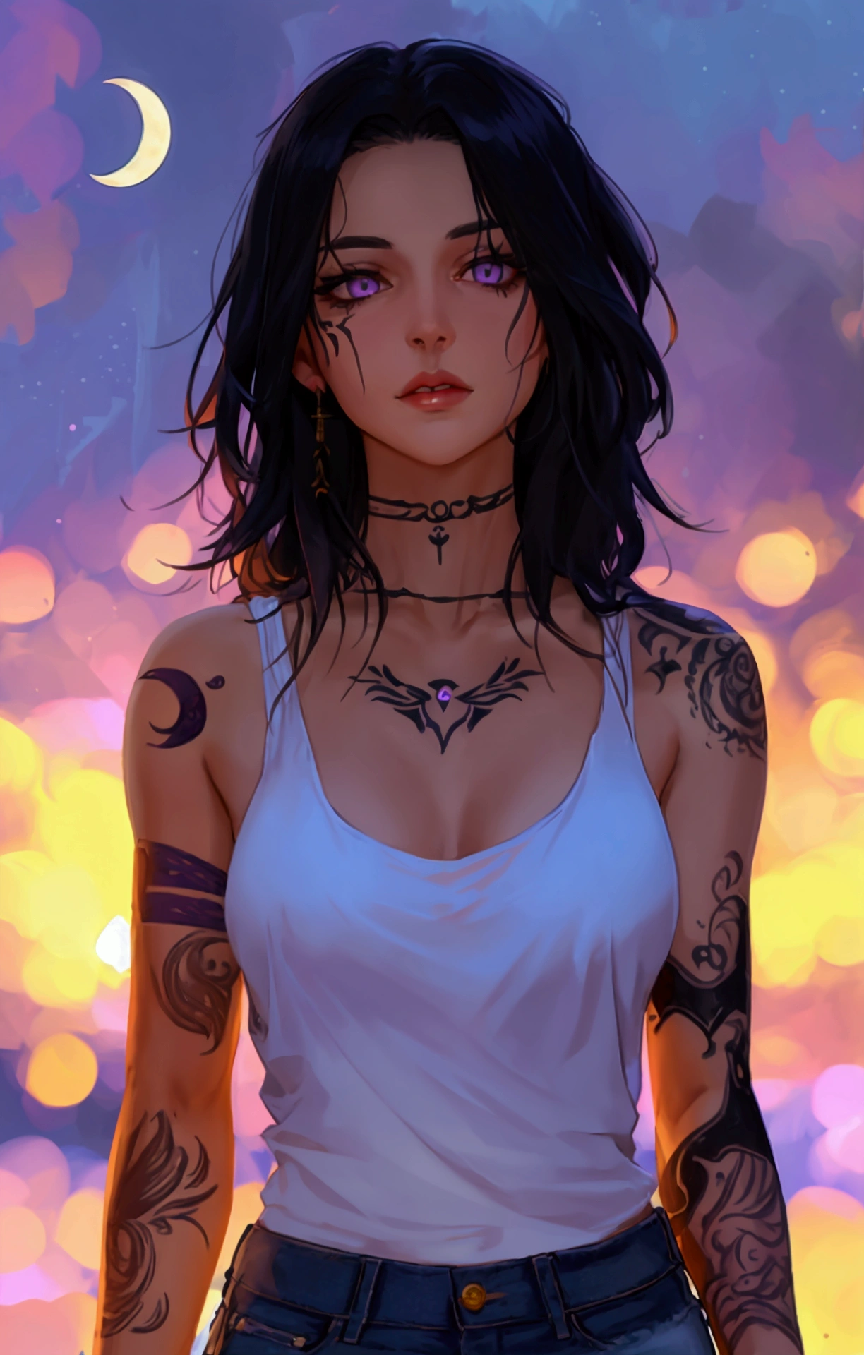 A twenty-sonething Norwegian woman, pale skin, chest-length silky raven hair, blue-purple eyes, full lips, an hourglass body, and a forearm tattoo of a full moon with two crescent moon on either sides. Wearing a white tank top and denim shorts.