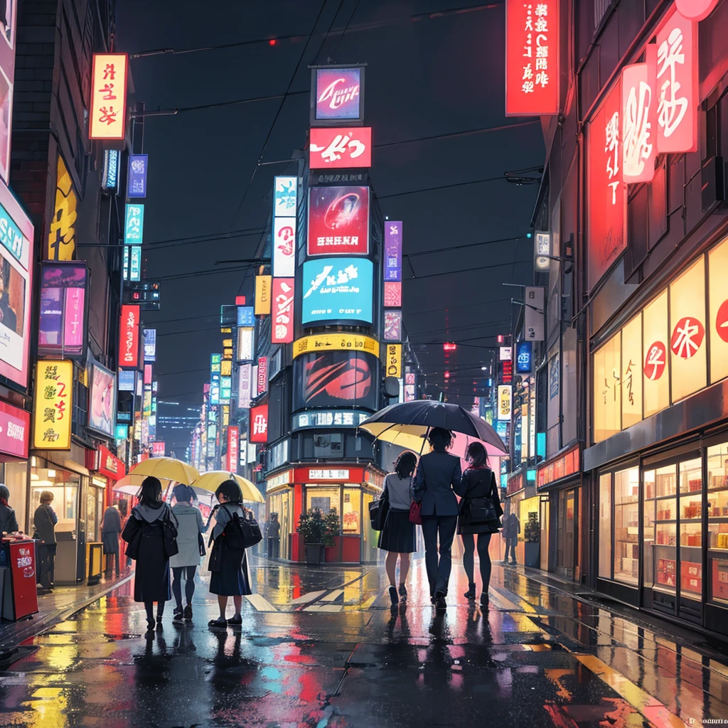 Pixel art style: A nighttime scenery of Tokyo city with vibrant, colorful lights illuminating the scene. The streets are wet, reflecting the neon signs and streetlights, indicating a recent rain. The buildings are tall, with some windows lit up, adding to the city's lively atmosphere. A few people are walking by, some with umbrellas, dressed in modern attire. The mood should feel calm yet bustling, capturing the essence of Tokyo at night. The overall vibe should be a blend of serenity and urban energy.
