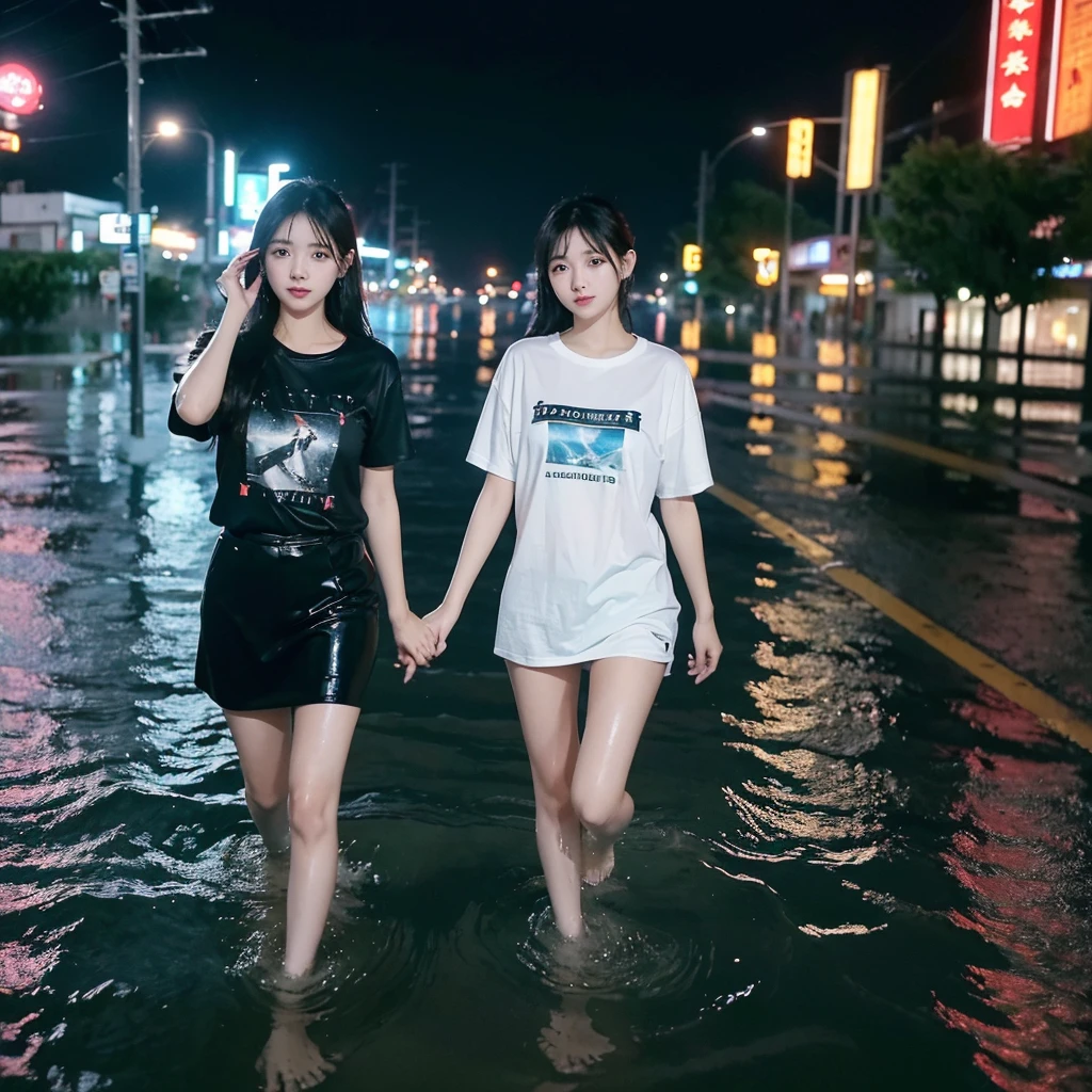 ((Several young women))、(City of night)、Wet day、flood(The roads are flooded and inundated)、Standing side by side、Take a selfie、Short sleeve T-shirt((Women-only space))((Immerse yourself in water up to your knees))((nsfw:1.1))((Clear and beautiful water)Young woman walking