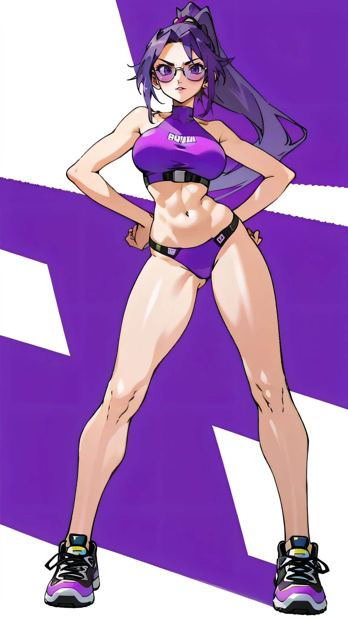 Masterpiece, best quality, Masterpiece, best quality, 1 woman, long ponytail hair, purple hair , sly face , sunglasses , purple bikini , abdomen, big breasts , Long legs , Put your hands on your hips.. , sneakers shoes