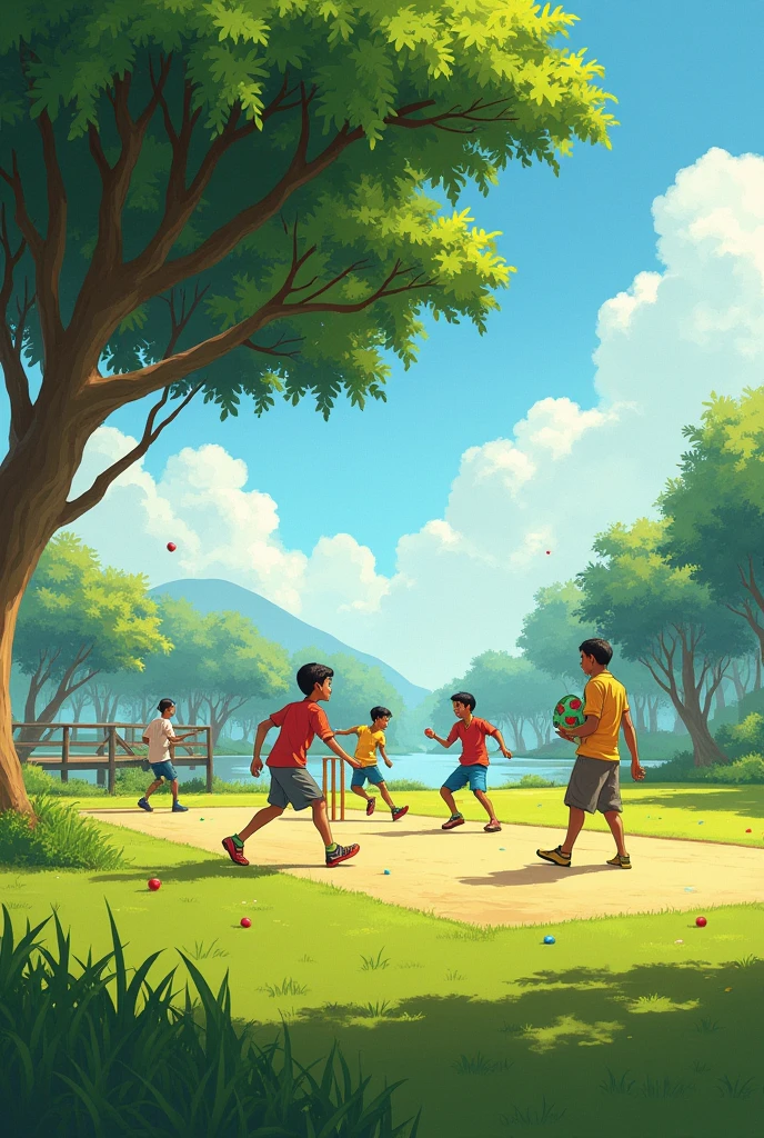 Some boys are playing cricket in a big playground and a man is walking by with a market bag, there is a mango tree in the field. There is a river next to the playground and a fishing pier.