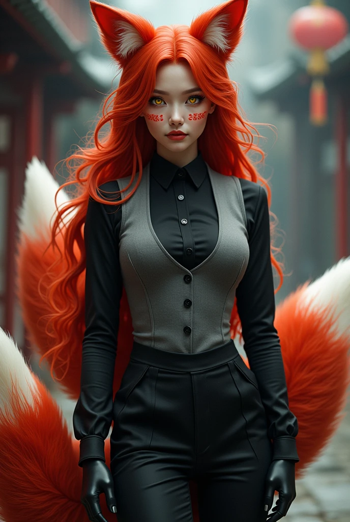 A kitsune woman, redhead with bright yellow eyes like topaz,with three big tails, with red kitsune markings on his face, vestindo uma calça social black,uma bota black,a long-sleeved formal blouse,black,folded before the forearm and a gray vest on top.