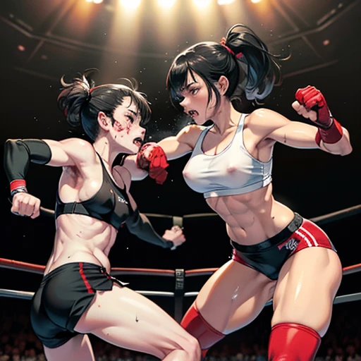(Intense violence). A fierce exchange of (dynamic punches and kicks). they are striking each other so hard. extreme (survival battle). they are glaring at each other. her face is distorted by opponent's attack. they are (beating) each other so hard. (bloody) beautiful Japanese female fighters are fighting in the octagon fighting ring of underground arena with audience. whole body picture. they are covered in (blood) and (bruises). they are damaged terribry. Short-cut black hair, out of breath, drooling from mouth, one eye is closed, exhausted, drenched in sweat. Erect nipples. open finger glove. sports-bra, high-leg panty, Stockings. armwarmers. small breasts, Whittled waistline, muscular, sixpack abs