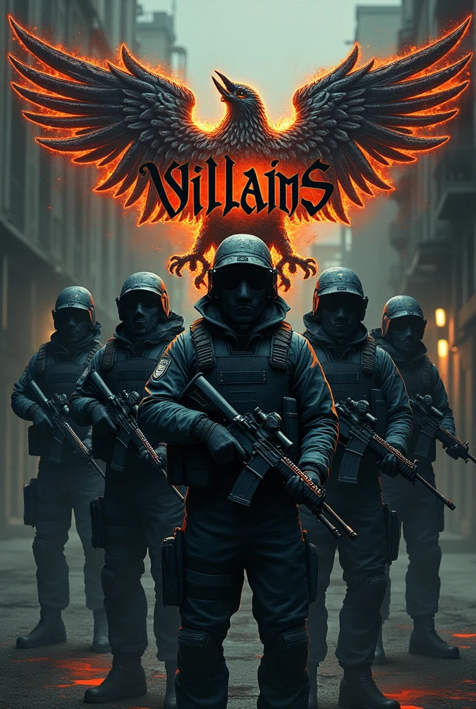 Logo that says villains in Spanish with 5 armed mercenaries