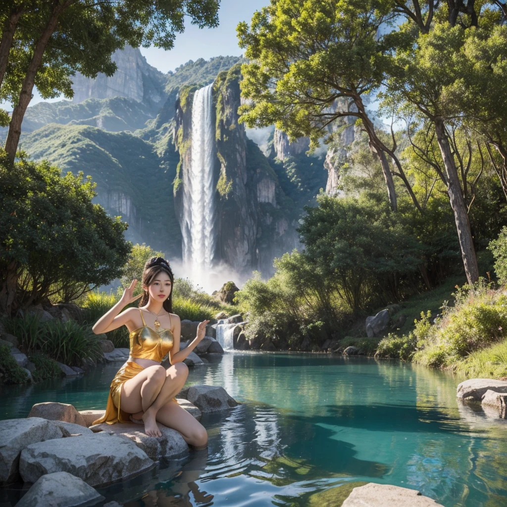 (photorealism:1.2), A beautiful Filipino woman wearing a towel is lying on her stomach. The background is an open river with a beautiful waterfall and exotic cliffs. full body visible
