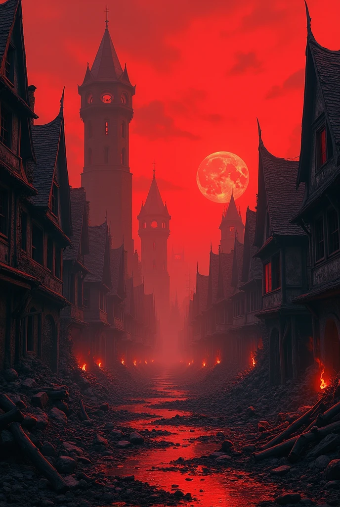 Please, I know you are a great artist. Can you help me by drawing a chaotic and apocalyptic city from the medieval era with a red sky and destroyed houses?