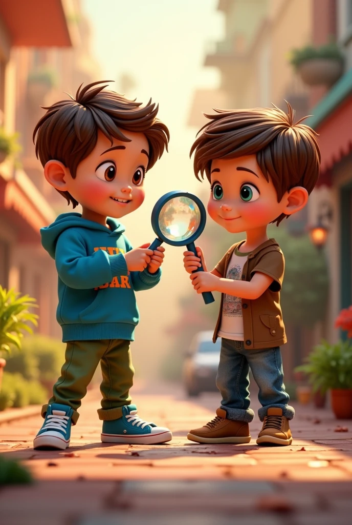 pixar style poster, with 3D animated characters. It shows two children in different angles and postures.. One with brown hair and brown eyes, with blue sweatshirt, green pants and sneakers, and the other, with brown hair, blue eyes, brown shirt, White T-shirt, jeans and brown pants. with a magnifying glass