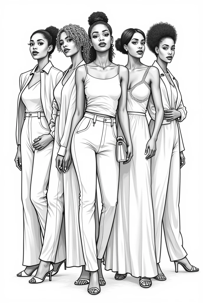 Black Women Beauties Portrait Coloring Pages for adults, Full body, different style clothes , white skin Fat Black Woman Grayscale Coloring Book, White Background, no shadow on image, outline body, best quality, masterpiece, detailed, perfect face