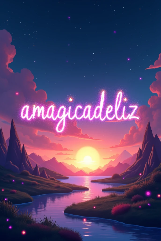 "Design a vibrant and magical animation for the YouTube channel 'Amagicadeliz.' The animation should start with a burst of colorful sparkles in the night sky, forming the letters of 'Amagicadeliz' in a whimsical, handwritten style. As the letters appear, have them glow with a soft, enchanting light. The background transitions from a starry night to a serene sunrise over a peaceful landscape, with subtle hints of fantasy elements like floating islands and gentle, glowing orbs. The animation should exude a sense of wonder, joy, and positivity, reflecting the magical essence of the channel."