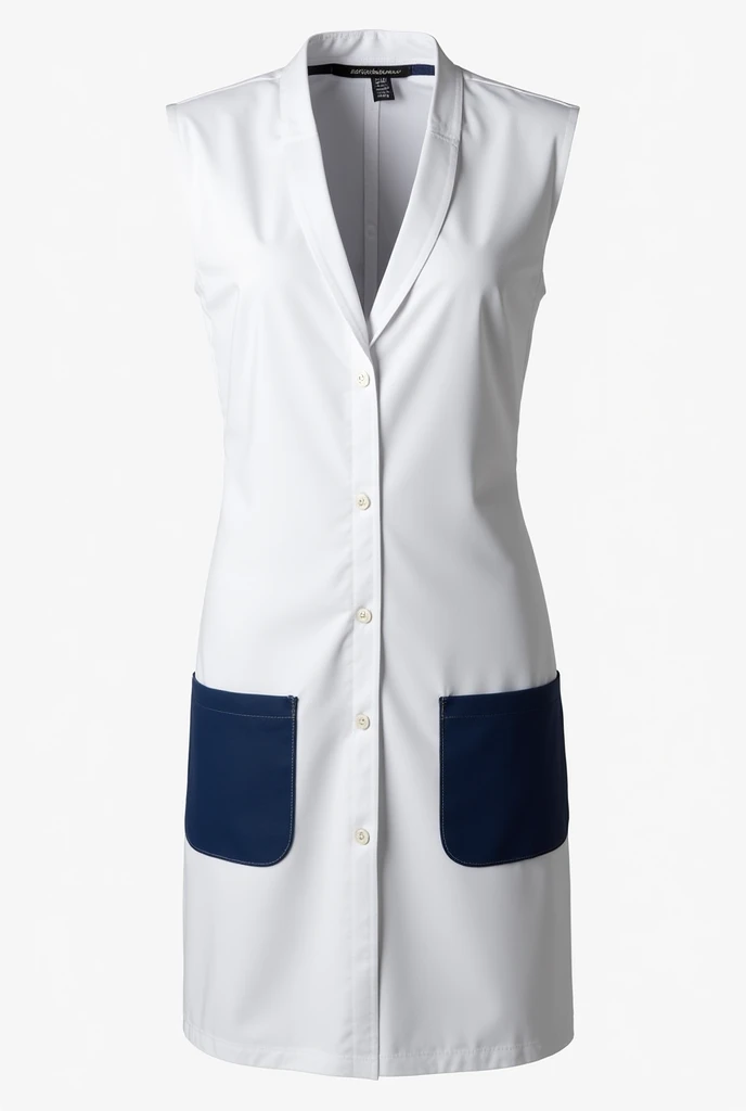 Short sleeveless fitted white teacher smock, with navy blue details on the pockets. Closed at the front with a white zipper closure. With V neck