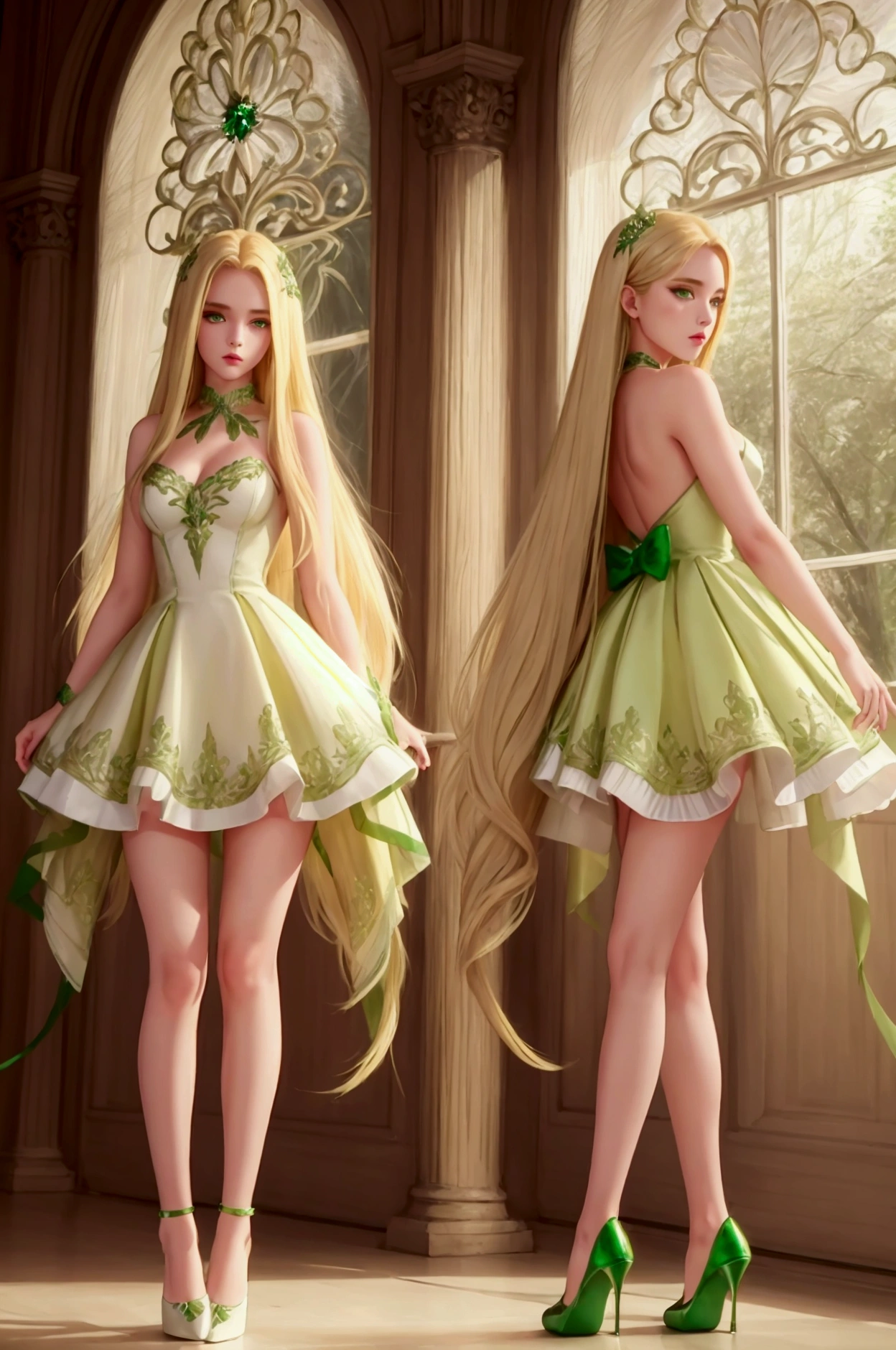 high quality, 8k quality, ultra detail, 1girl, Makeup, highest quality, long straight hair, emerald green eyes, high heel shoes, white dress, bare legs, standing pose, blonde hair, long legs, large thighs