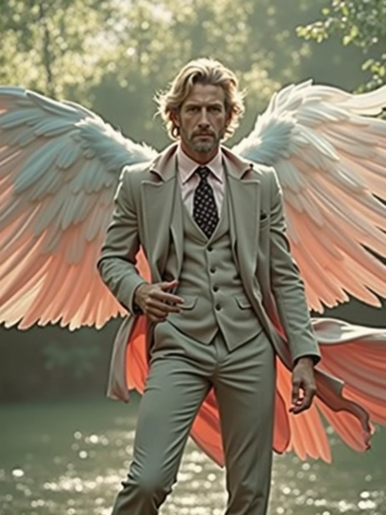 Make the gentleman in the photo have angel wings and be in black and white with the date. 23/8/2024