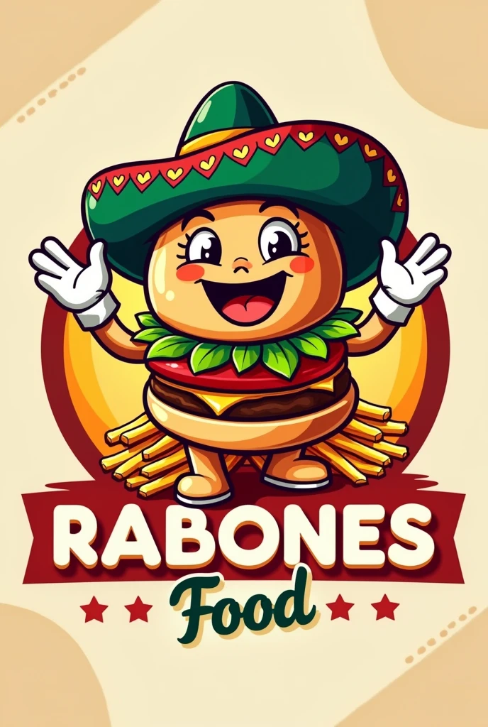 Logo for a fast food restaurant called "Rabones Food" that has hamburgers and fries, In addition to having to do with September 18th, Chilean national holidays