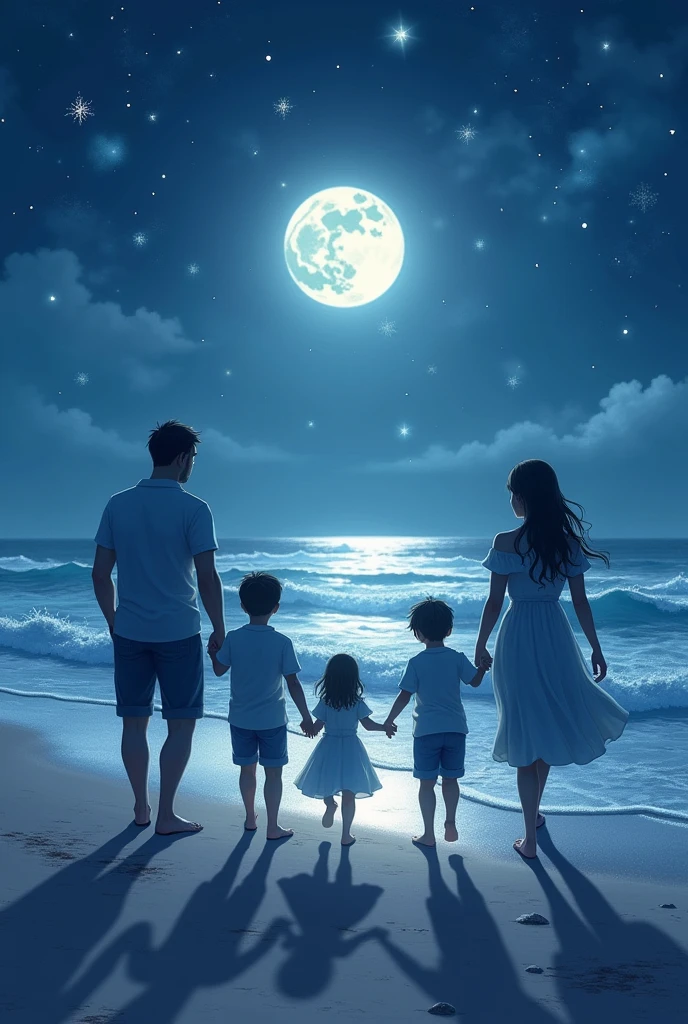 An image of a family with 3 boys and a girl walking holding hands with lots of sparkles under the moonlight on the beach like shadows 