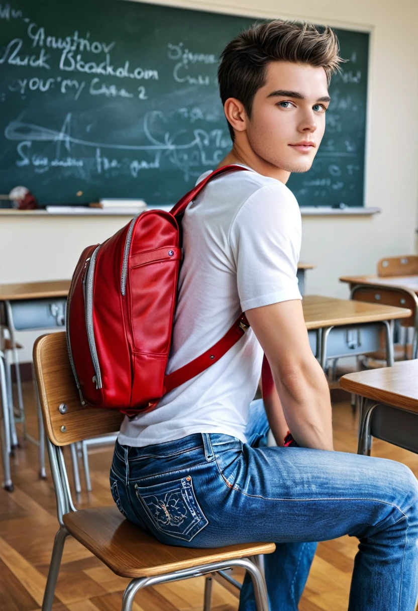 handsome ager sitting on a chair at his desk in a classroom, back facing, 3/4 facing, wearing a t-shirt and jeans, (((see side of his face slightly))), he looks at the blackboard, backpack on the floor beside him, he looks at the blackboard in the background, UHD, photorealistic