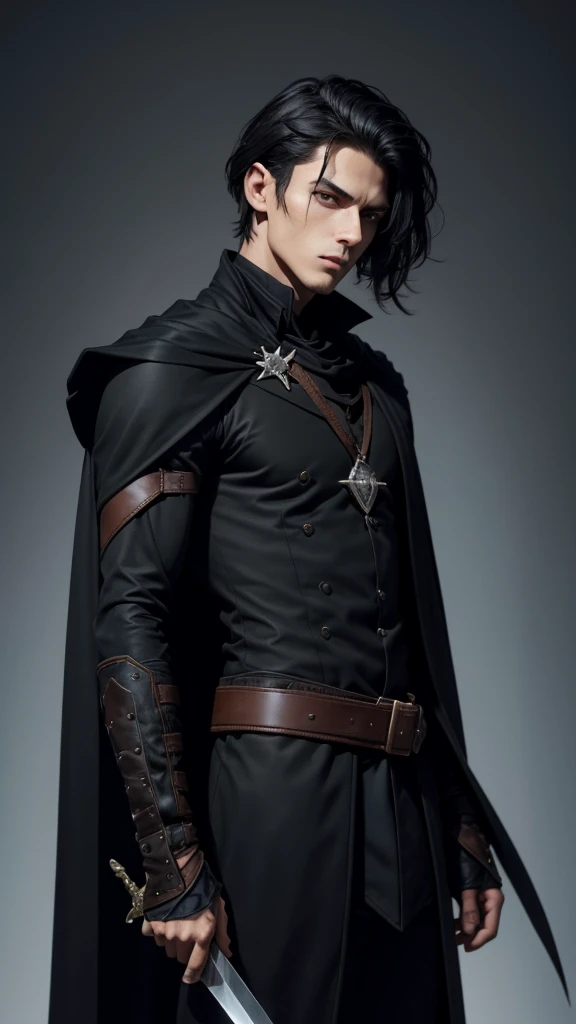 A young, slim -elev with a sharp, mysterious look. He wears a black, high-necked cape, which is thrown over his shoulder, and dark, Ranger clothing with brown leather straps, to which small bags and a bear-shaped brooch are attached. The left side of his face is covered by a black eye patch, and he has messy, black hair. A sword is attached to his back. The background is minimalistic and bright, to focus on the dark, mysterious figure