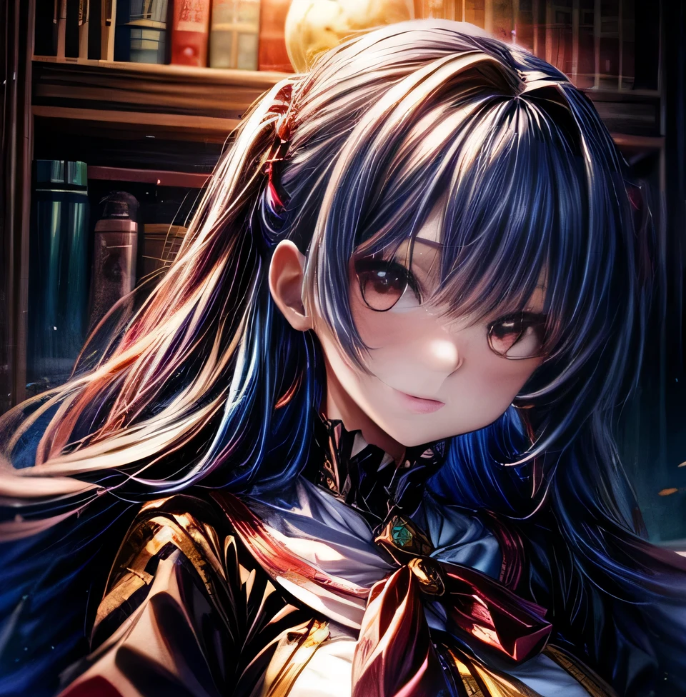 Umineko no Naku ni ni　Erika Furutodo　　uniform　　moon　School　night　Bangs Patsun　Blue Hair Intel　Crimson hair color　