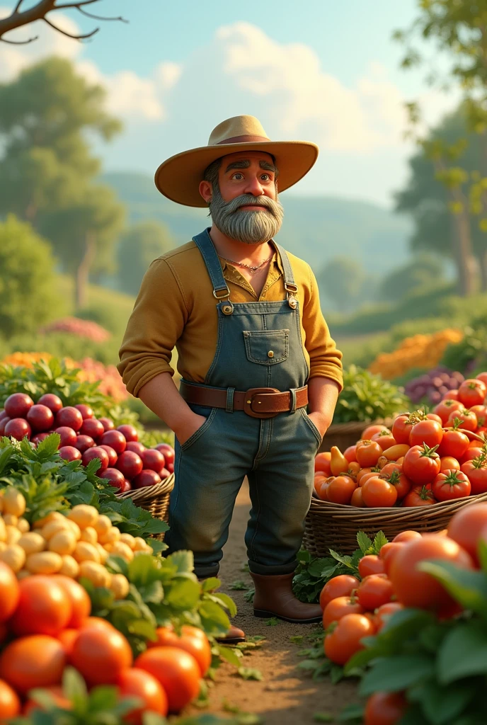 (photorealism:1.2), beautiful Generte in cinematic 3d cartoon style in the Abundant Harvest**: A rich and bountiful harvest of crops, with the farmer  standing proudly beside large bundles of produce, showcasing the result of his hard work.
