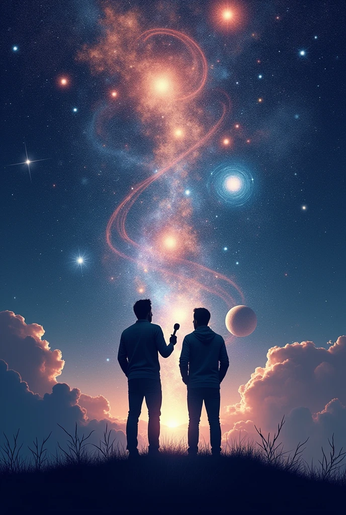 "Create a detailed image featuring two silhouettes against a cosmic, star-filled background. The first silhouette holds a microphone, symbolizing human communication and storytelling, while the second silhouette holds a gimbal, representing human creativity and technological exploration. Both figures are interacting with a vast, mysterious universe that appears to be full of swirling galaxies, planets, and abstract shapes, symbolizing the human connection to the universe. The overall tone should be ethereal and thought-provoking, with a strong contrast between the silhouettes and the vibrant cosmic backdrop."
