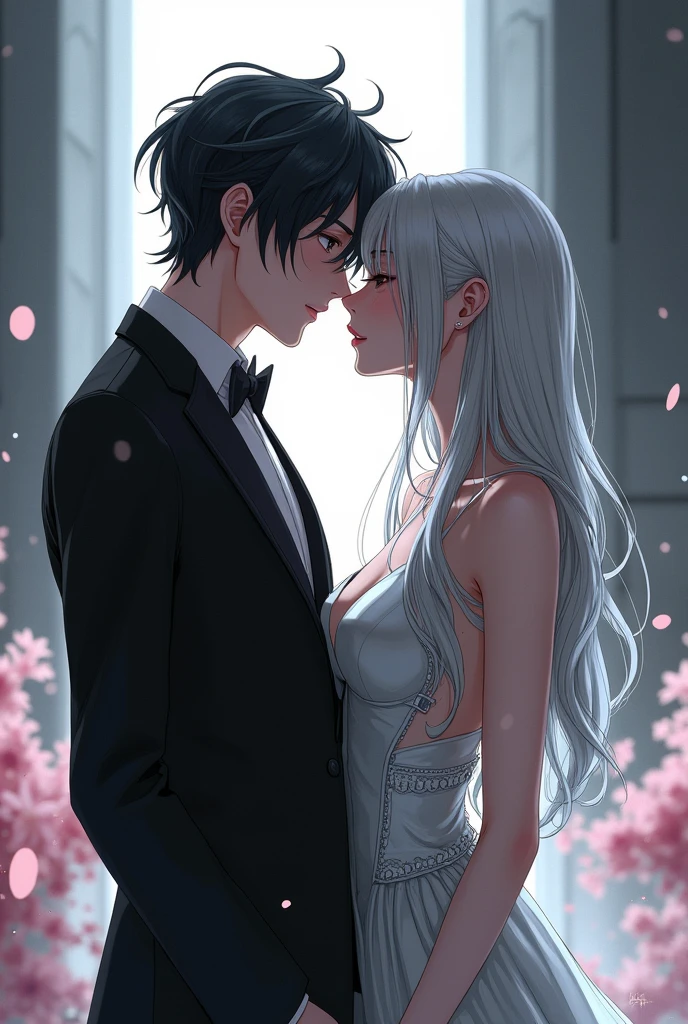 Sanakan and Cibo from Manga Blame! in a wedding dress), (sci-fi theme) Eyes staring at each other, suit black hair, dress striking silver hair, Futuristic atmosphere of the outfit A soft but bright light shines from above. Intimate and romantic atmosphere Highly detailed, exceptionally detailed, cinematic quality, emotionally charged scenes.