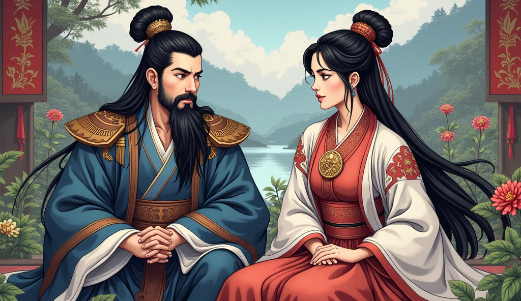 Anime Thick Painting、Zhuge Kongming、Handsome、Long Beard、Beautiful Huang Yueying、Sitting and chatting