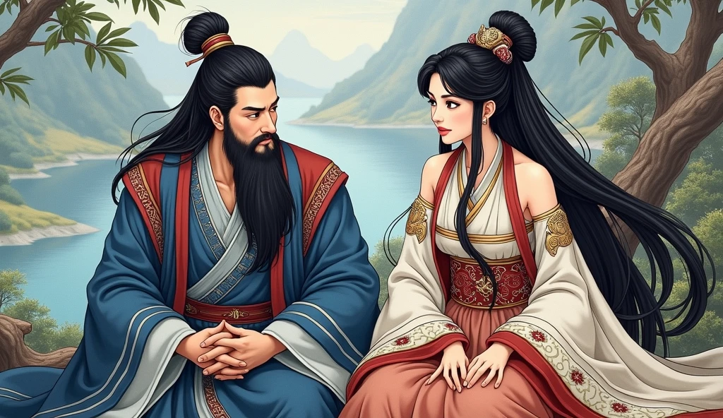 Anime Thick Painting、Zhuge Kongming、Handsome、Long Beard、Beautiful Huang Yueying、Sitting and chatting