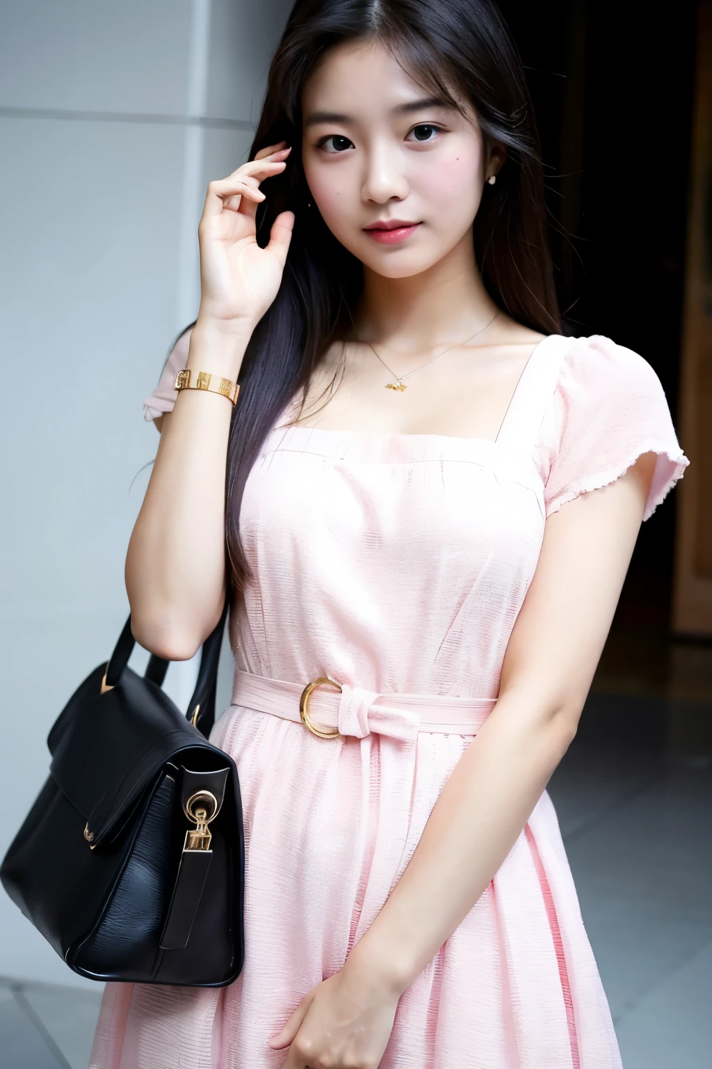 "Create an image of a young Thai-korean woman with fair skin and an oval face, aged 20-25, wearing a cute pink dress fashion outfit, wearing a one wristwatch. The outfit should be modern and elegant, with attention to detail in both the clothing and accessories. The wristwatch should be prominently visible, adding a touch of sophistication to her overall look in the day."