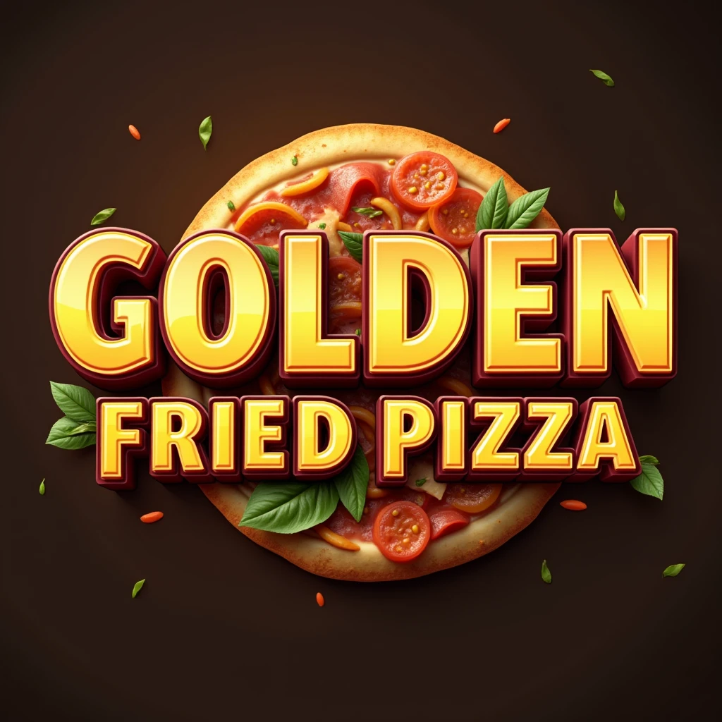 Create a logo image for a restaurant called “Golden” that will be highlighted, with the text “pizza frita” semi-highlighted and “delivery” below. The logo should incorporate a calzone. Use bold, industrial-style fonts for the business name “Golden” to convey strength and durability. Include a color palette that reflects a delivery restaurant, with metallic hues like red and orange accented by a vibrant, contrasting color like black or blue to represent heat and intensity of flavor. The design should be clean, modern, and professional, suitable for branding on various materials, such as business cards, signage, and company vehicles., 3D rendering. the background should be neutral