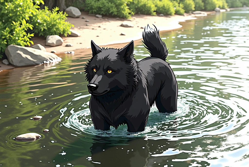 there is an anime style character (like Dragon Ball) black dog that is standing in the water, dog, at the waterside, black dog, a handsome, in a pond, in the water, a dog, river in front of him, the photo shows a large, bear, labrador, menacing!, playing with the water, emerging from the water, wet fur, handsome, nice face
