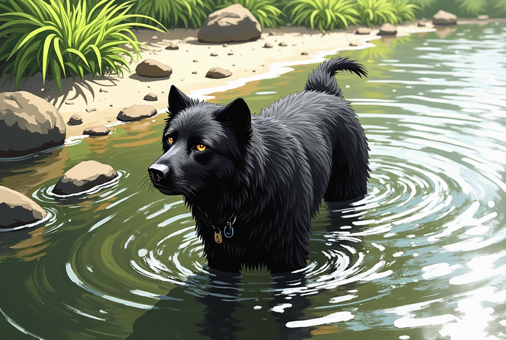 there is an anime style character (like Dragon Ball) black dog that is standing in the water, dog, at the waterside, black dog, a handsome, in a pond, in the water, a dog, river in front of him, the photo shows a large, bear, labrador, menacing!, playing with the water, emerging from the water, wet fur, handsome, nice face
