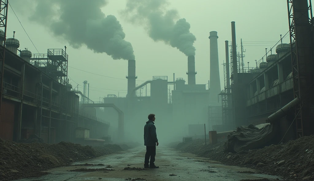 A person struggling to breathe around an industrial area with smoke