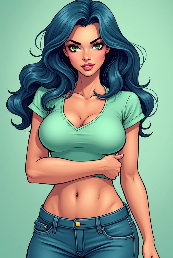 beautiful, green eyes, blue hair, mint t-shirt, jeans. female, 1 girl, busty. Voluptuous. Comic style. Marvel Comics. This new style of Milftoon comics she is naked, fucking her breasts and showing a seductive pose: 1.2 curvy, elegant, sensual figure. Having sex