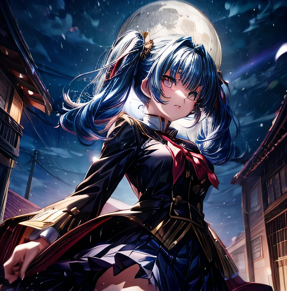 Umineko no Naku ni ni　Erika Furutodo　　uniform　　moon　School　night　Bangs Patsun　Blue hair twintails　　